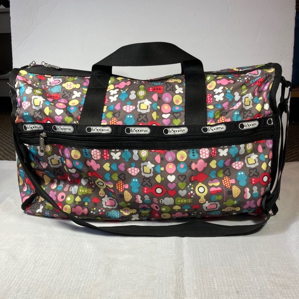 EUC LeSportSac Weekender Bag, Print with Mushrooms, Hearts, Butterflies Etc.
